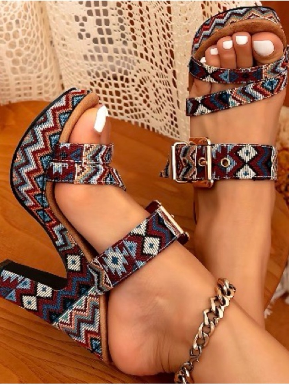 Embroidered Strappy High-Heel Sandals - Multicolor Pattern - Picture 3 of 8
